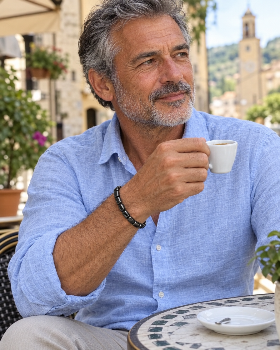 Man wearing the hematite bracelet at a café