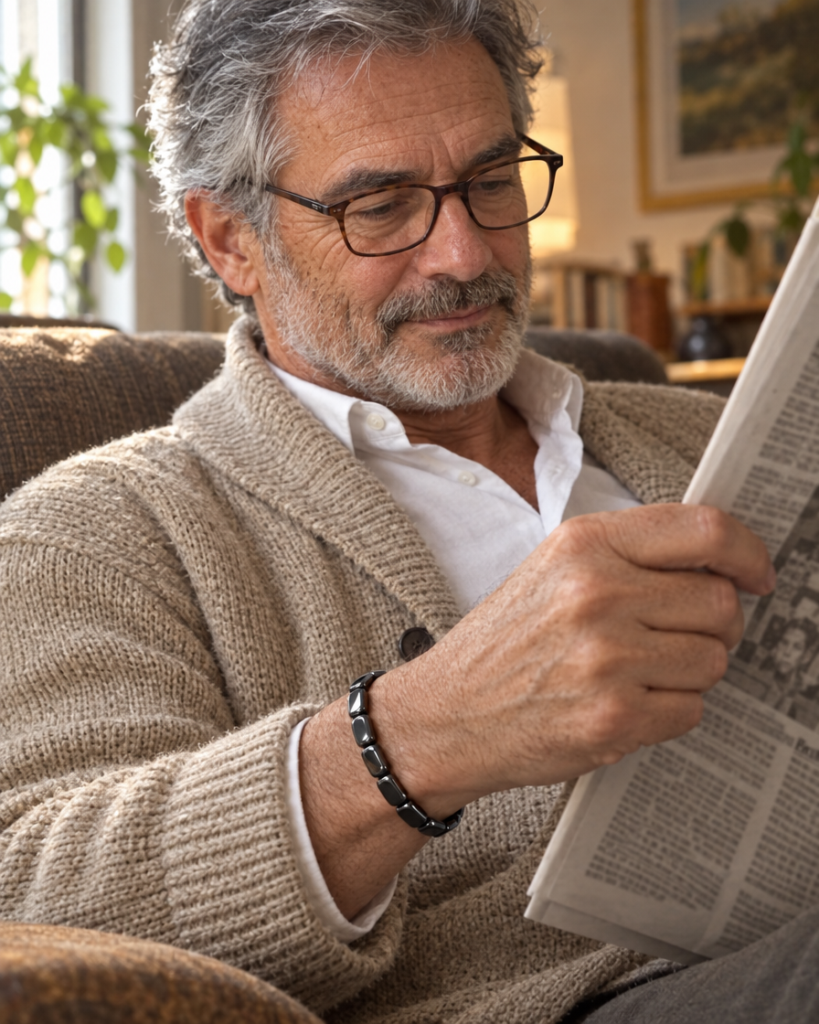 Man reading, hematite bracelet on wrist